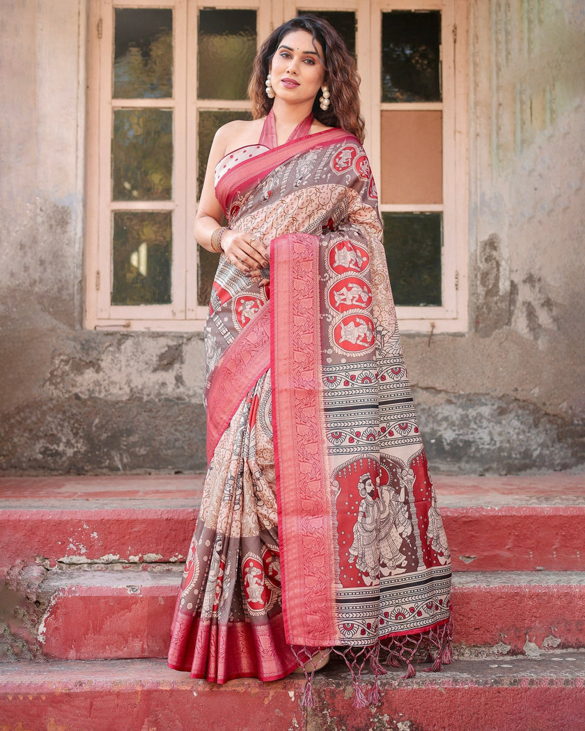 Peach & pink Floral Printed Cotton Silk Saree