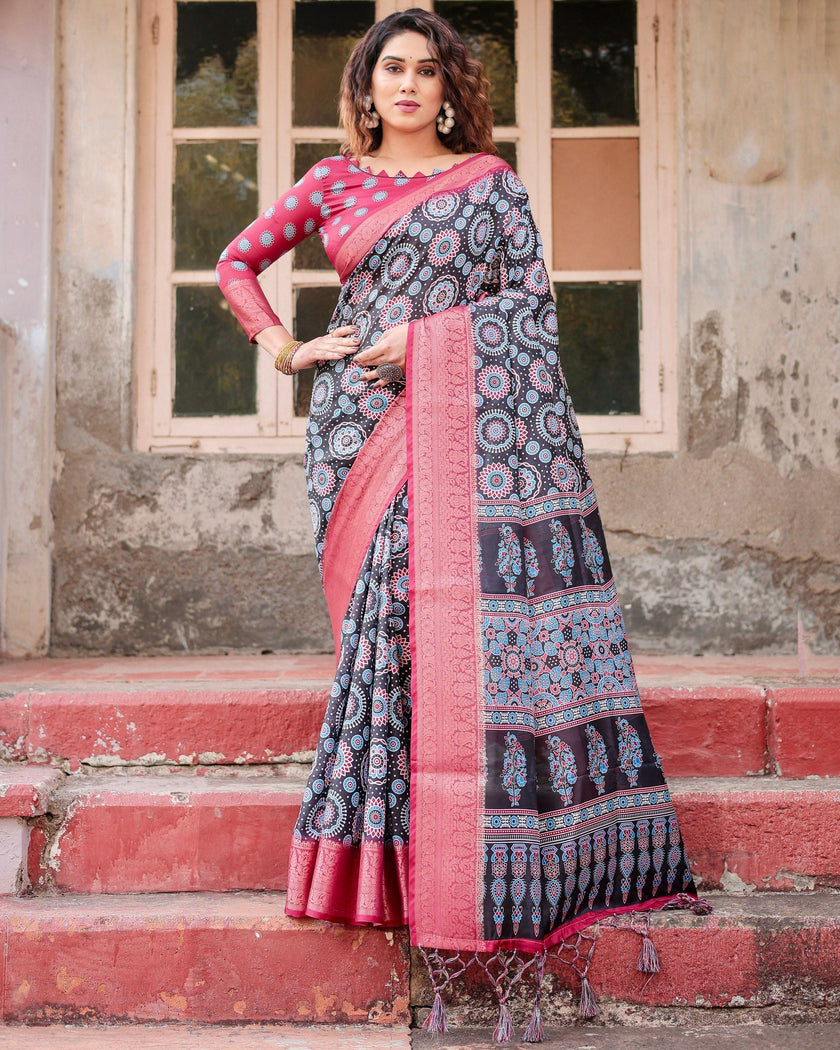 Black & Pink Floral Printed Cotton Silk Saree