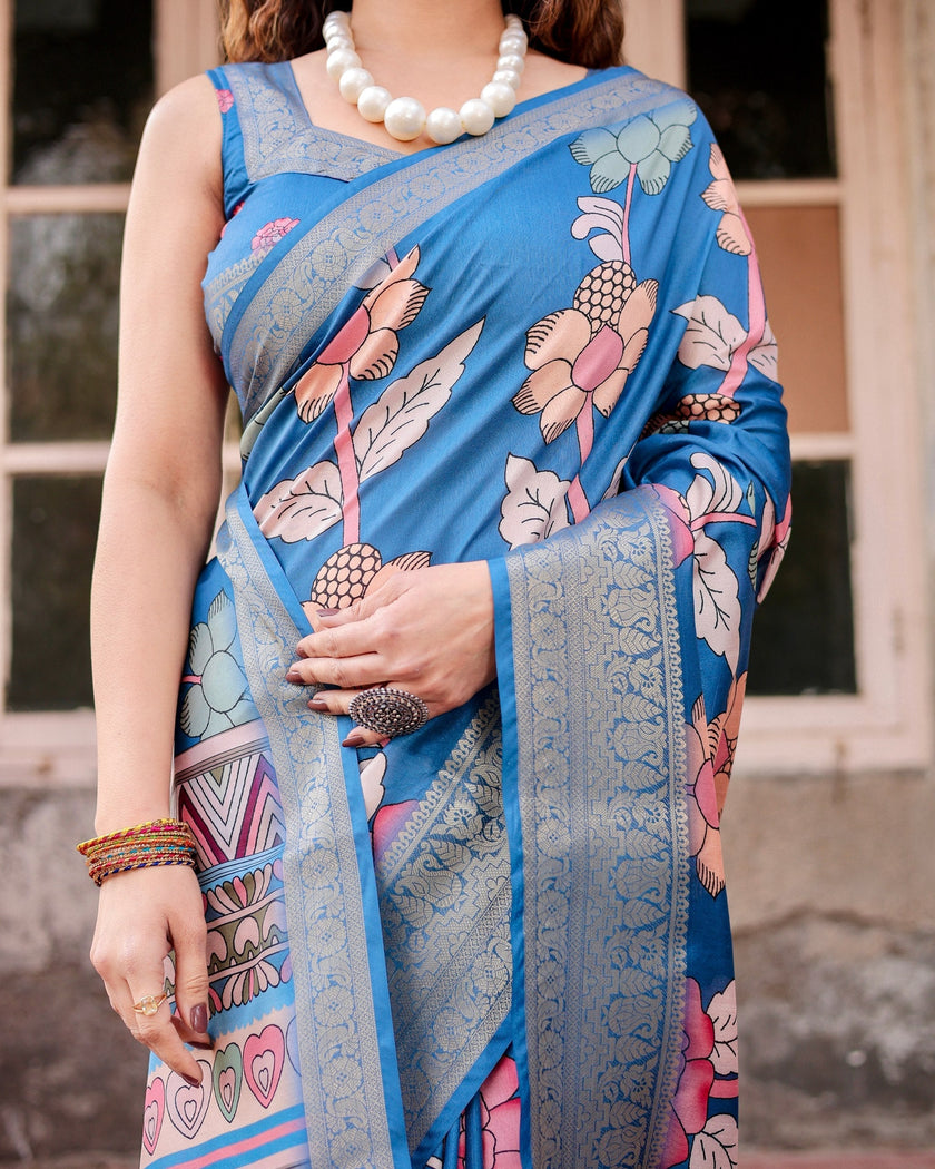 Sky Blue Flower Floral Printed Cotton Silk Saree