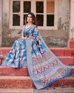 Sky Blue Flower Floral Printed Cotton Silk Saree