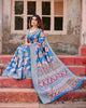 Sky Blue Flower Floral Printed Cotton Silk Saree