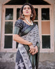 Cream & Black Floral Printed Cotton Silk Saree