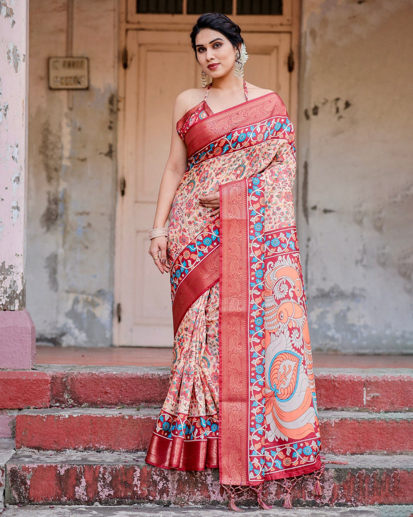 Peach & Maroon Floral Printed Cotton Silk Saree