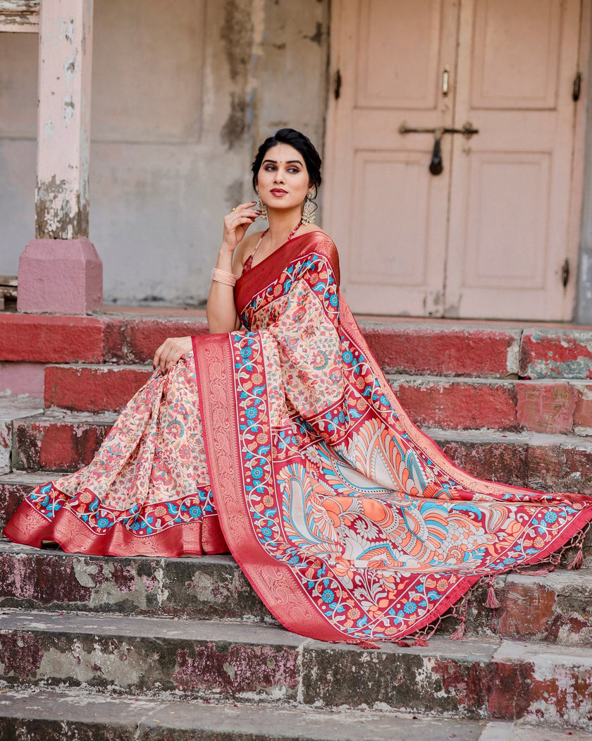 Peach & Maroon Floral Printed Cotton Silk Saree