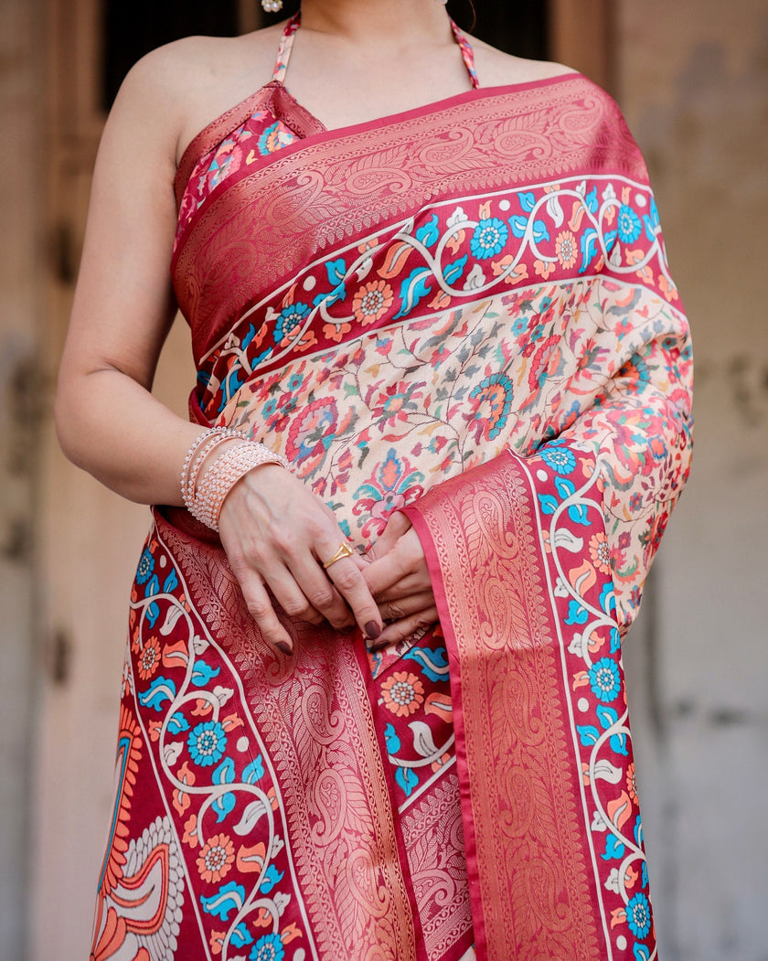 Peach & Maroon Floral Printed Cotton Silk Saree