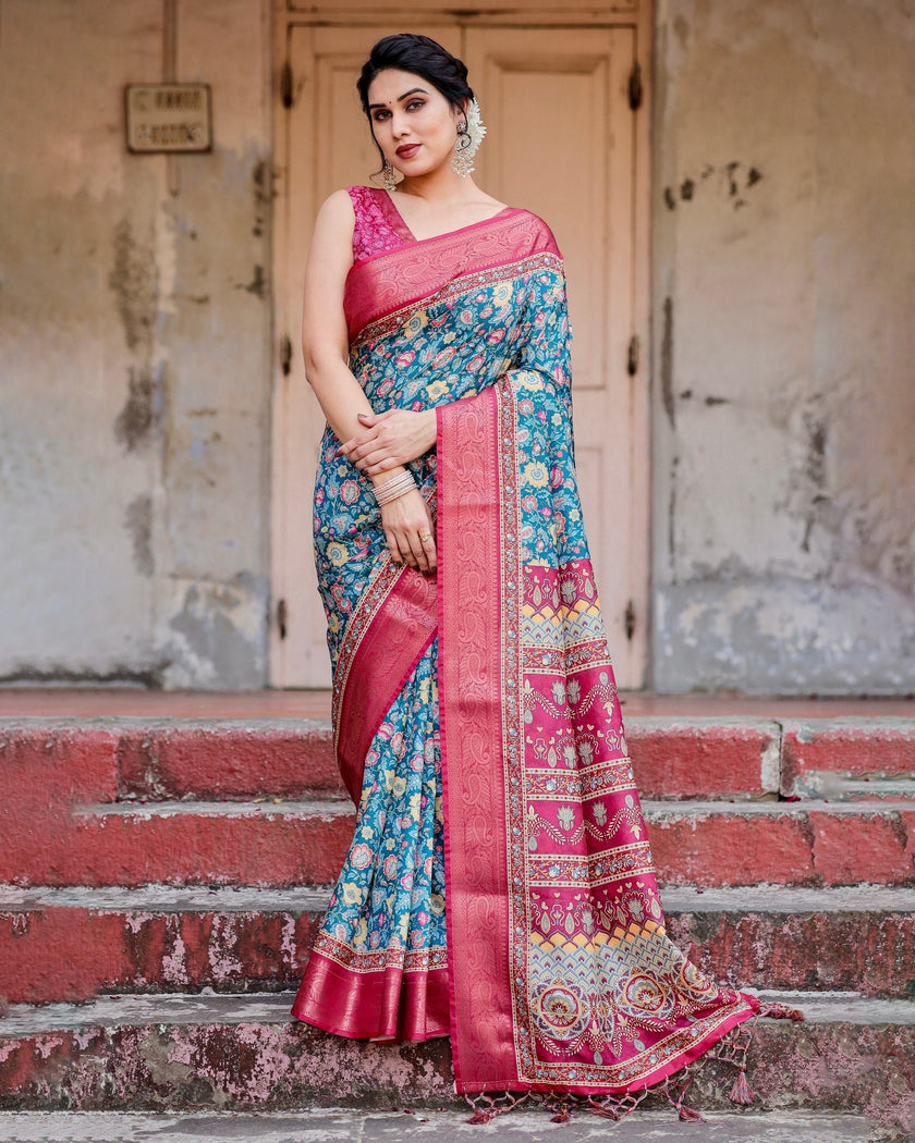 Sky Blue & Pink Floral Printed Cotton Silk Saree
