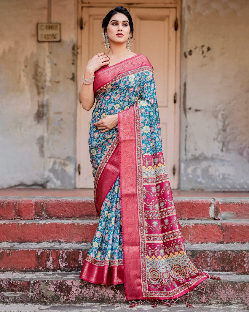 Sky Blue & Pink Floral Printed Cotton Silk Saree