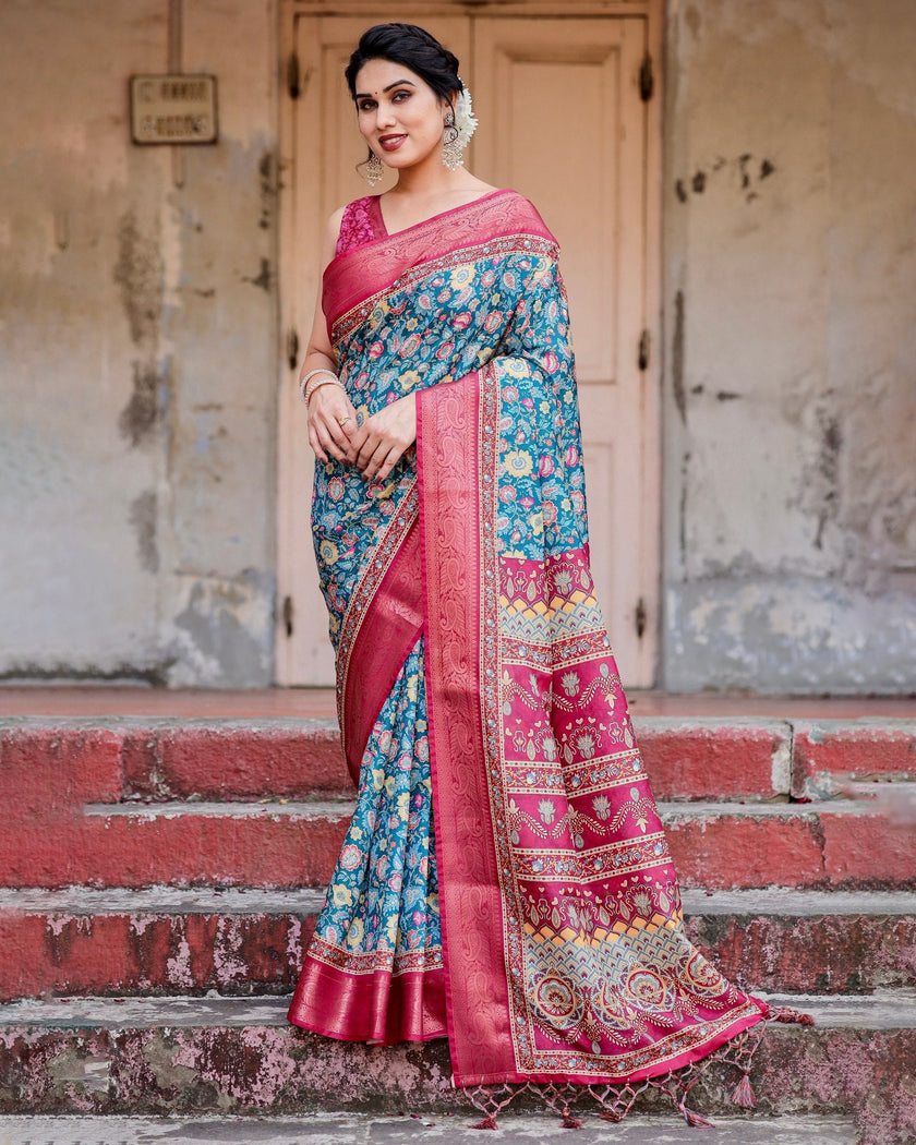 Sky Blue & Pink Floral Printed Cotton Silk Saree