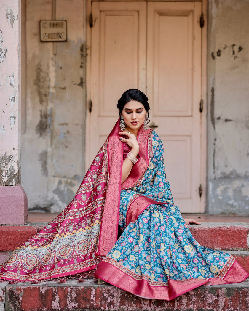 Sky Blue & Pink Floral Printed Cotton Silk Saree