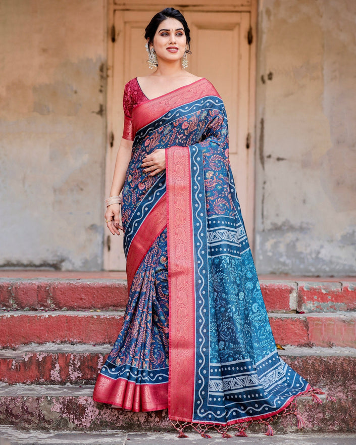 Blue & Pink Floral Printed Cotton Silk Saree