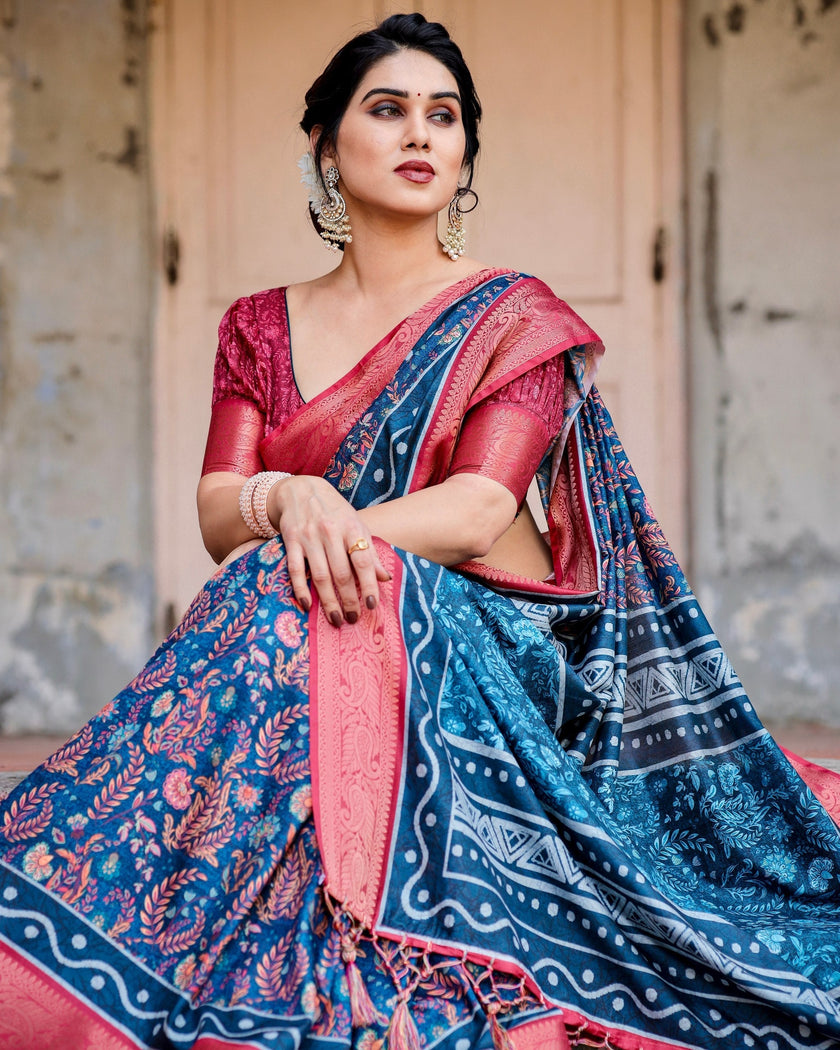 Blue & Pink Floral Printed Cotton Silk Saree