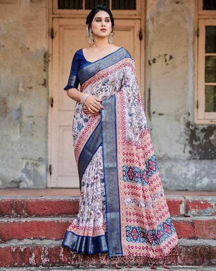 Cream & Navy Blue Floral Printed Cotton Silk Saree