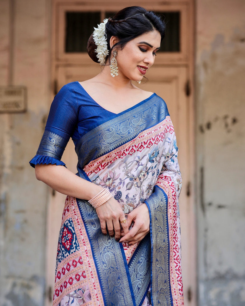 Cream & Navy Blue Floral Printed Cotton Silk Saree