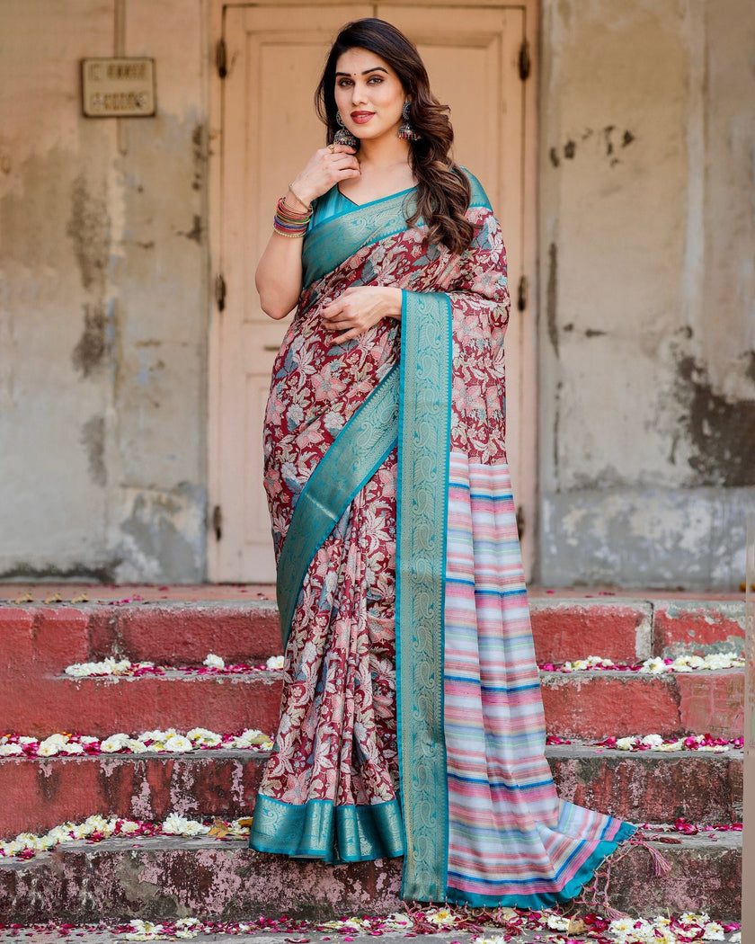 Maroon & Green Floral Printed Cotton Silk Saree