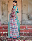 Maroon & Green Floral Printed Cotton Silk Saree