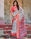 White & Light Pink Floral Printed Cotton Silk Saree