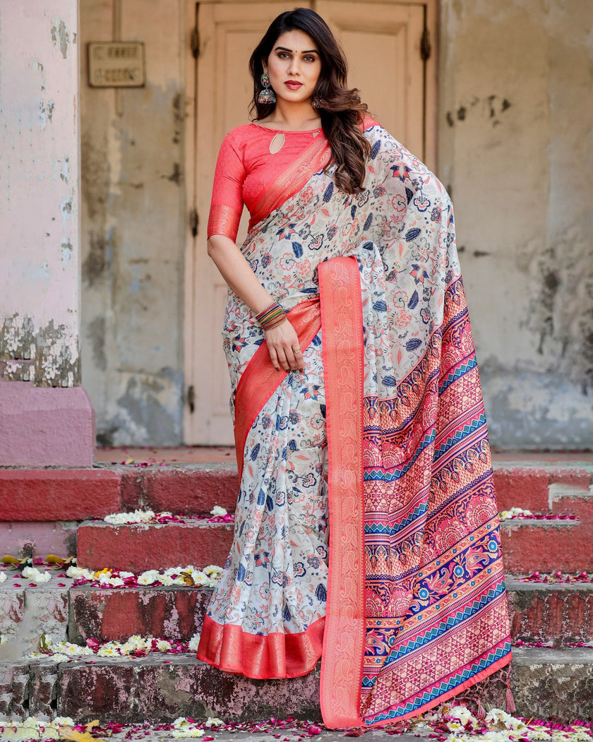 White & Light Pink Floral Printed Cotton Silk Saree