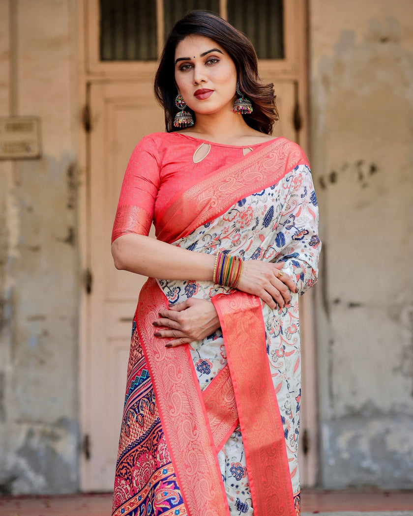 White & Light Pink Floral Printed Cotton Silk Saree