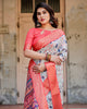 White & Light Pink Floral Printed Cotton Silk Saree