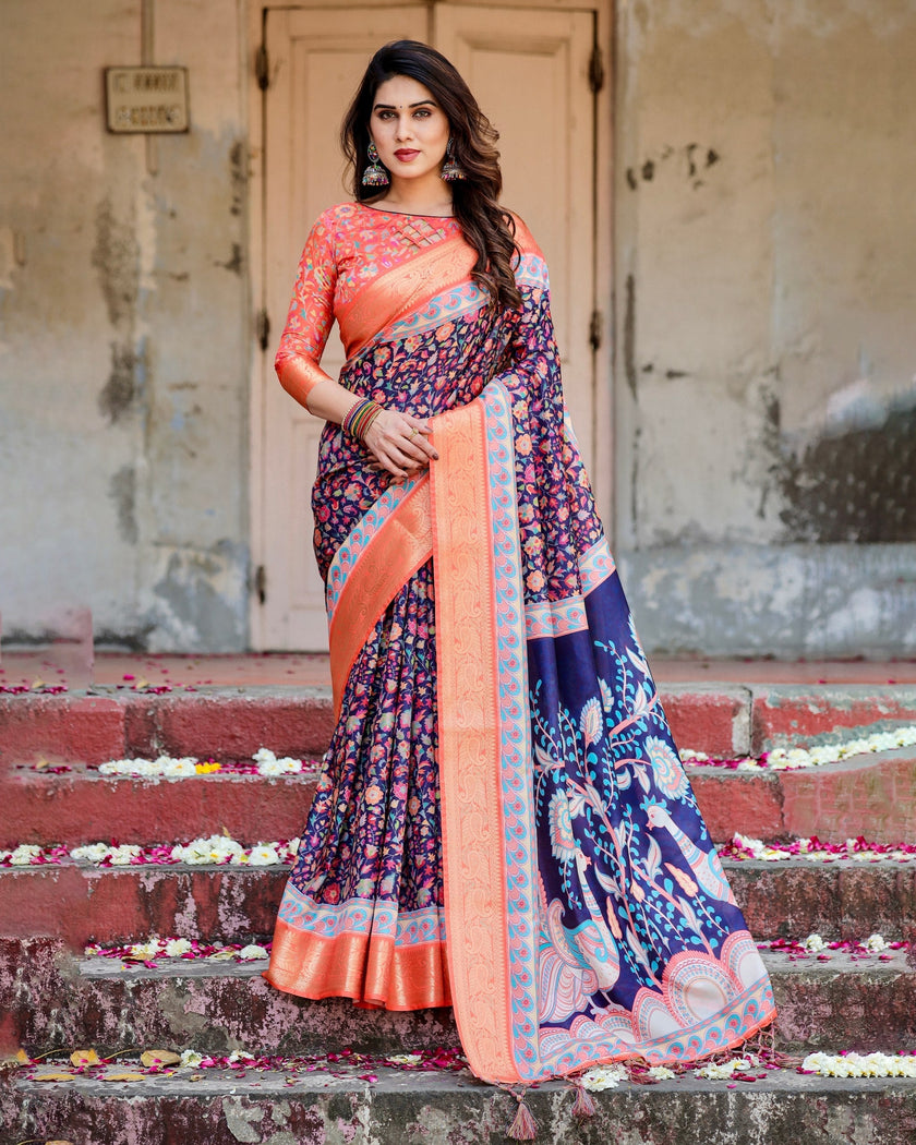 Royal Blue & Orange Floral Printed Cotton Silk Saree