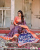 Royal Blue & Orange Floral Printed Cotton Silk Saree