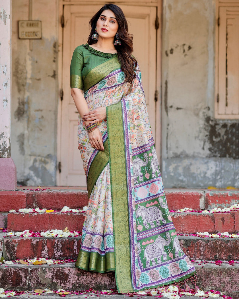 Green & Cream Floral Printed Cotton Silk Saree
