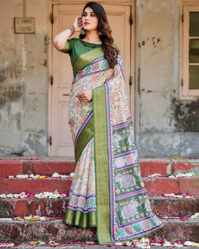 Green & Cream Floral Printed Cotton Silk Saree