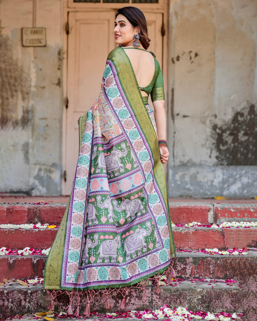 Green & Cream Floral Printed Cotton Silk Saree