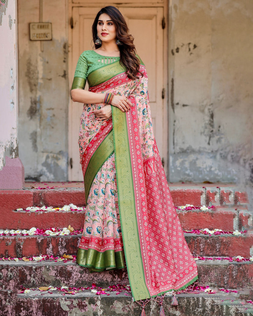 Baby Pink & Green Floral Printed Cotton Silk Saree