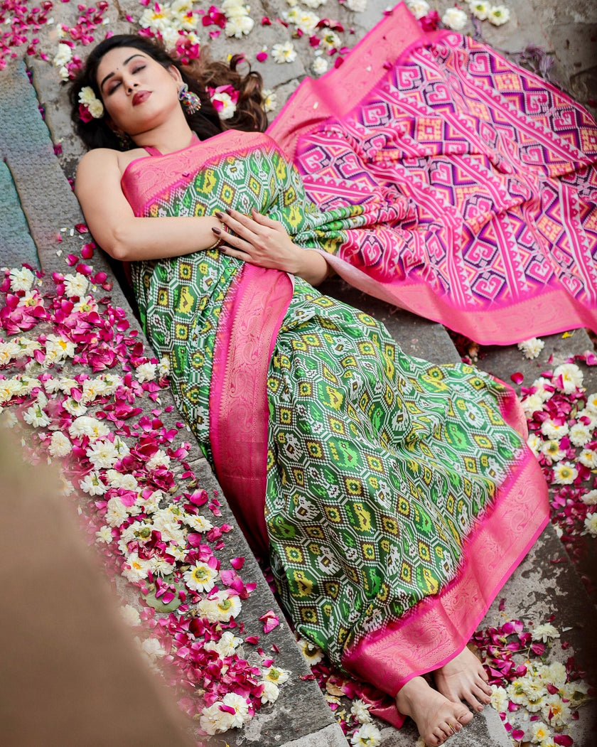Green & Pink Floral Printed Cotton Silk Saree
