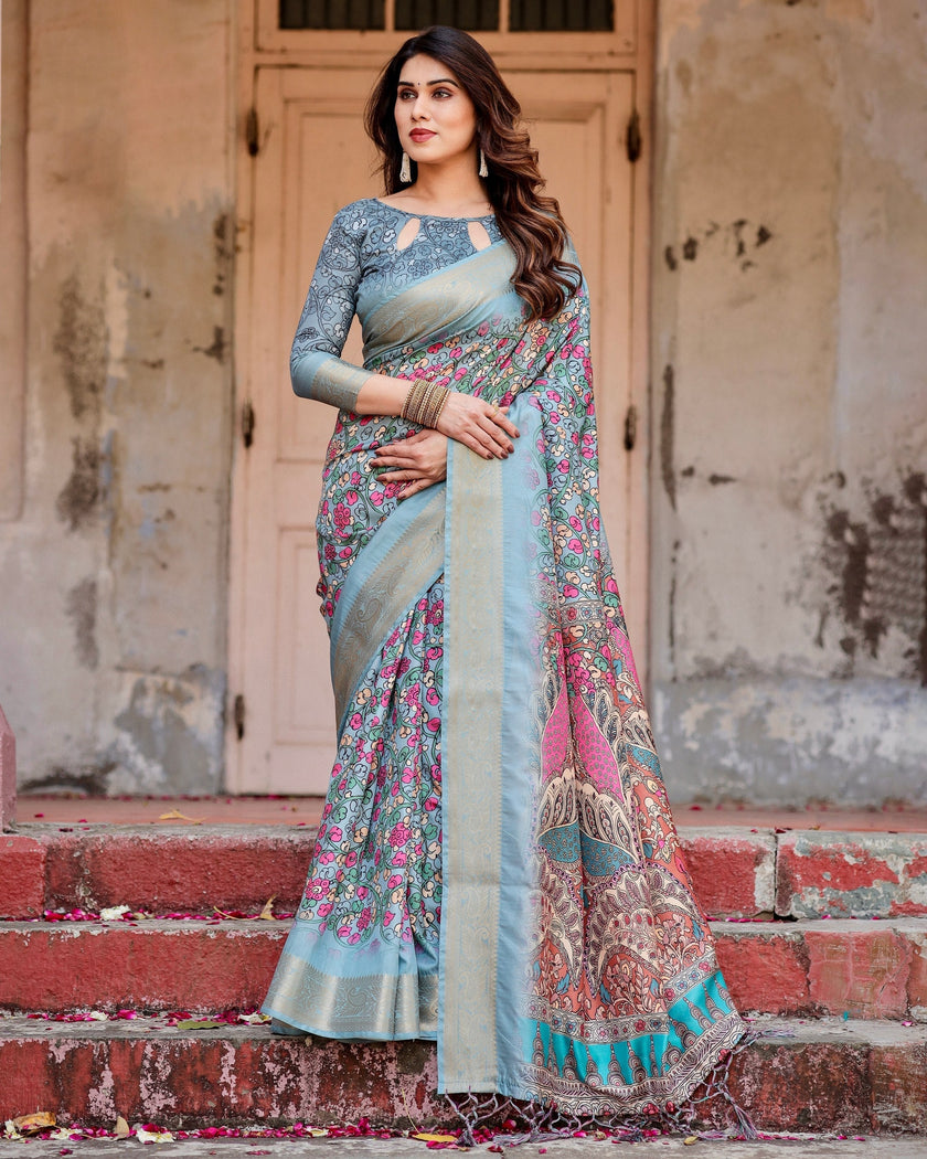 Grey & Multi Floral Printed Cotton Silk Saree