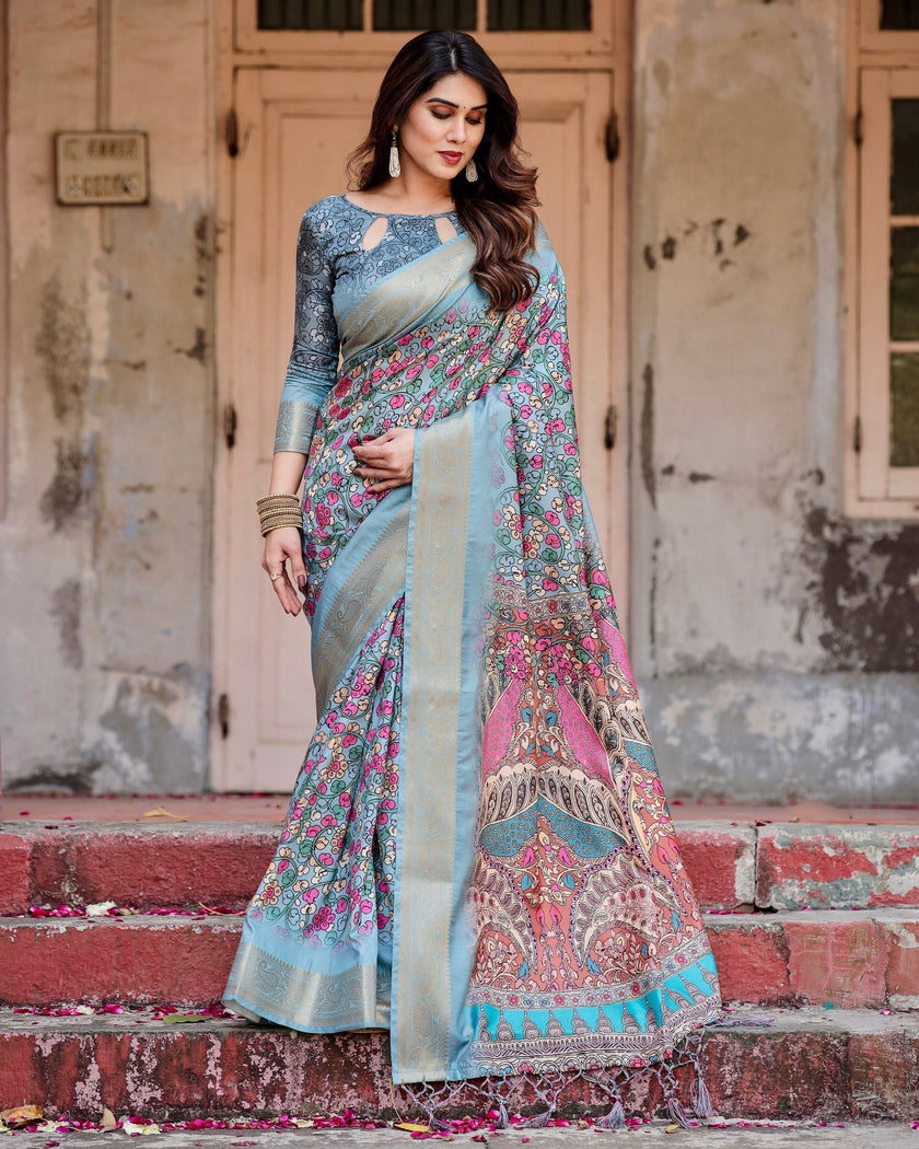 Grey & Multi Floral Printed Cotton Silk Saree