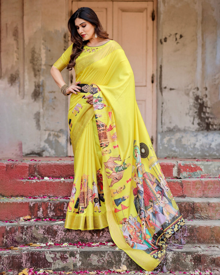 Yellow Floral Printed Cotton Silk Saree