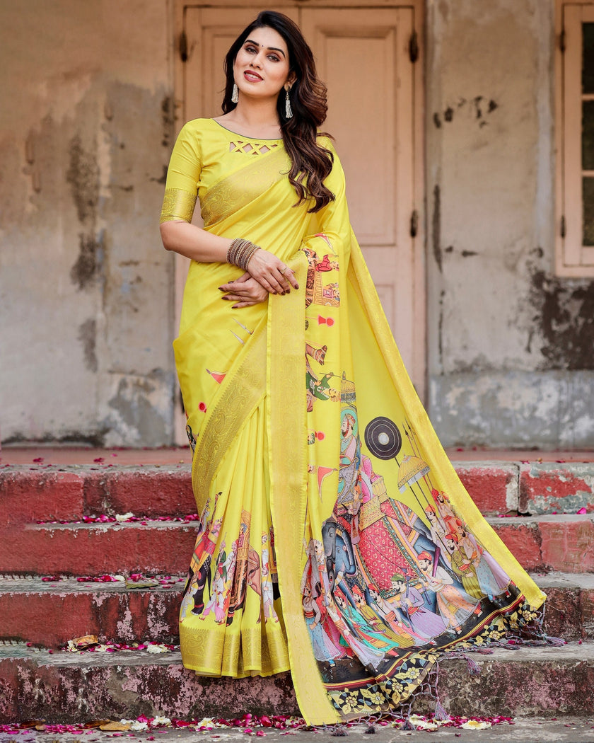 Yellow Floral Printed Cotton Silk Saree