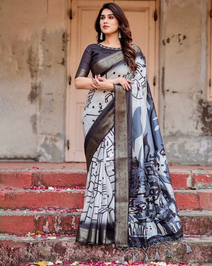White & Black Floral Printed Cotton Silk Saree