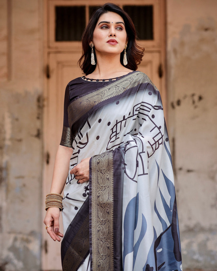 White & Black Floral Printed Cotton Silk Saree
