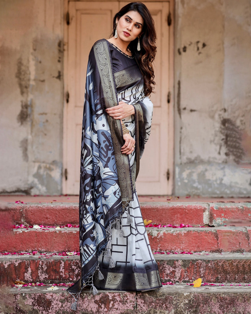 White & Black Floral Printed Cotton Silk Saree
