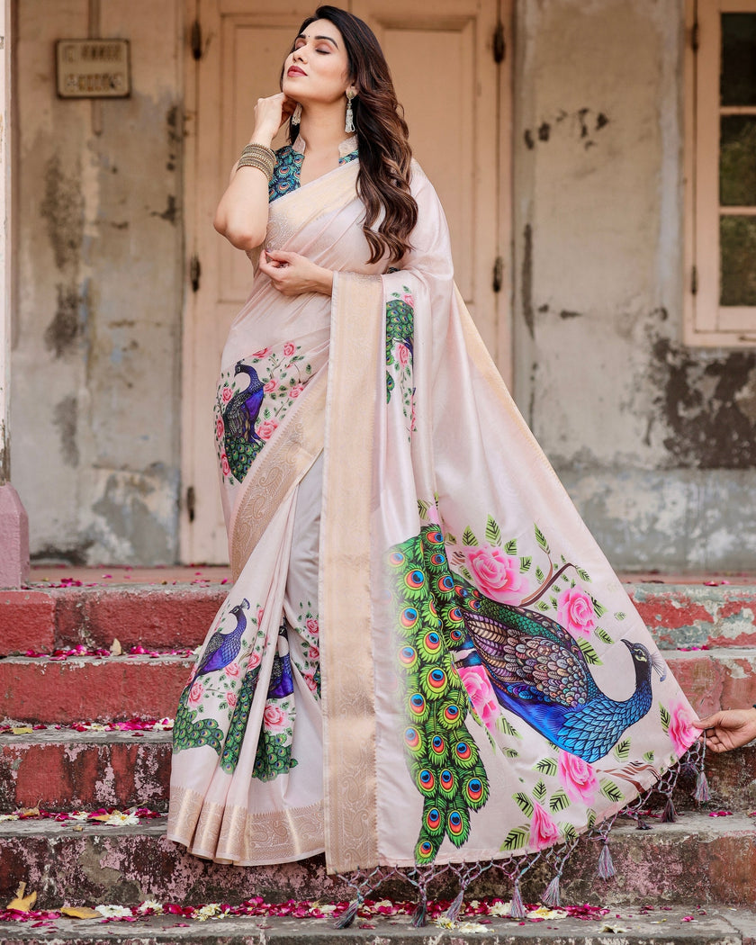 Cream Floral Printed Cotton Silk Saree
