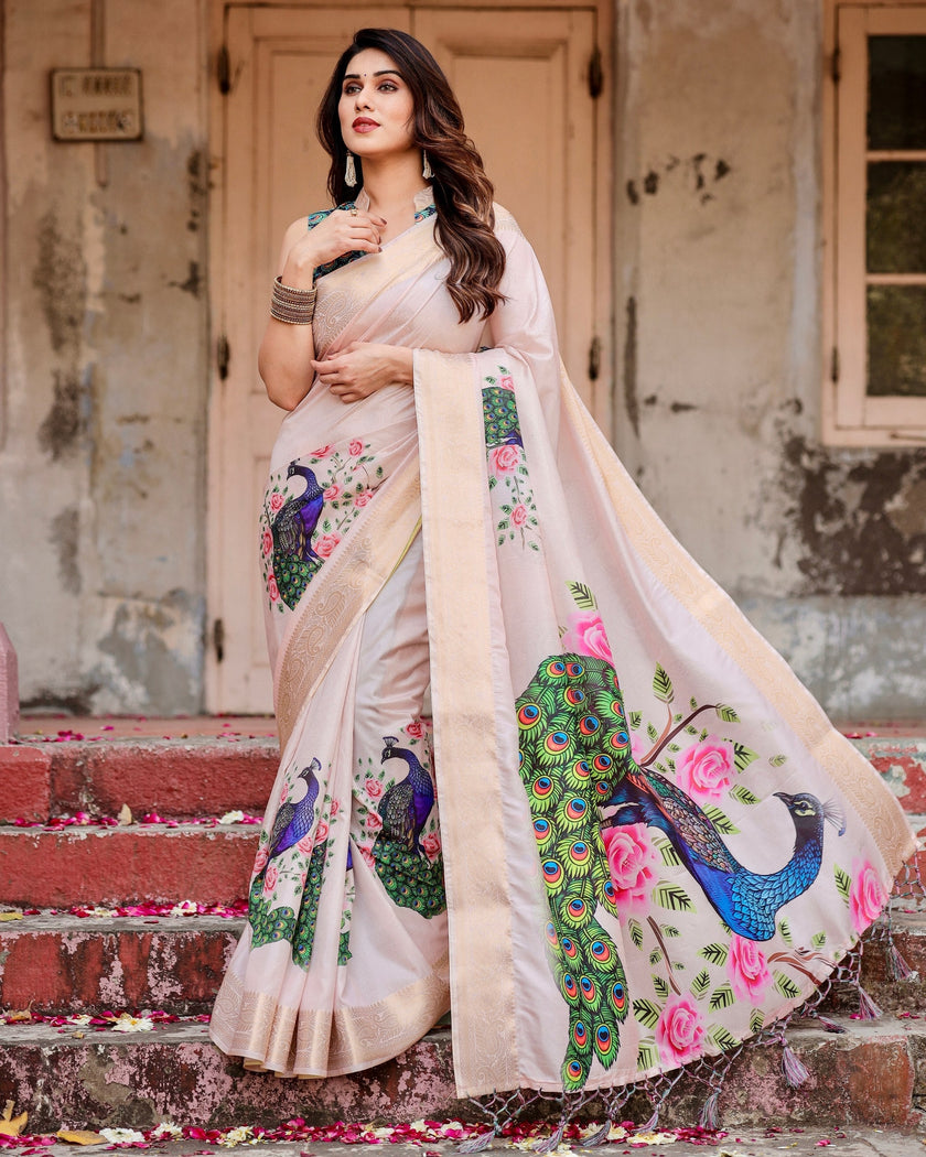 Cream Floral Printed Cotton Silk Saree