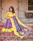 Wine & Yellow Floral Printed Cotton Silk Saree
