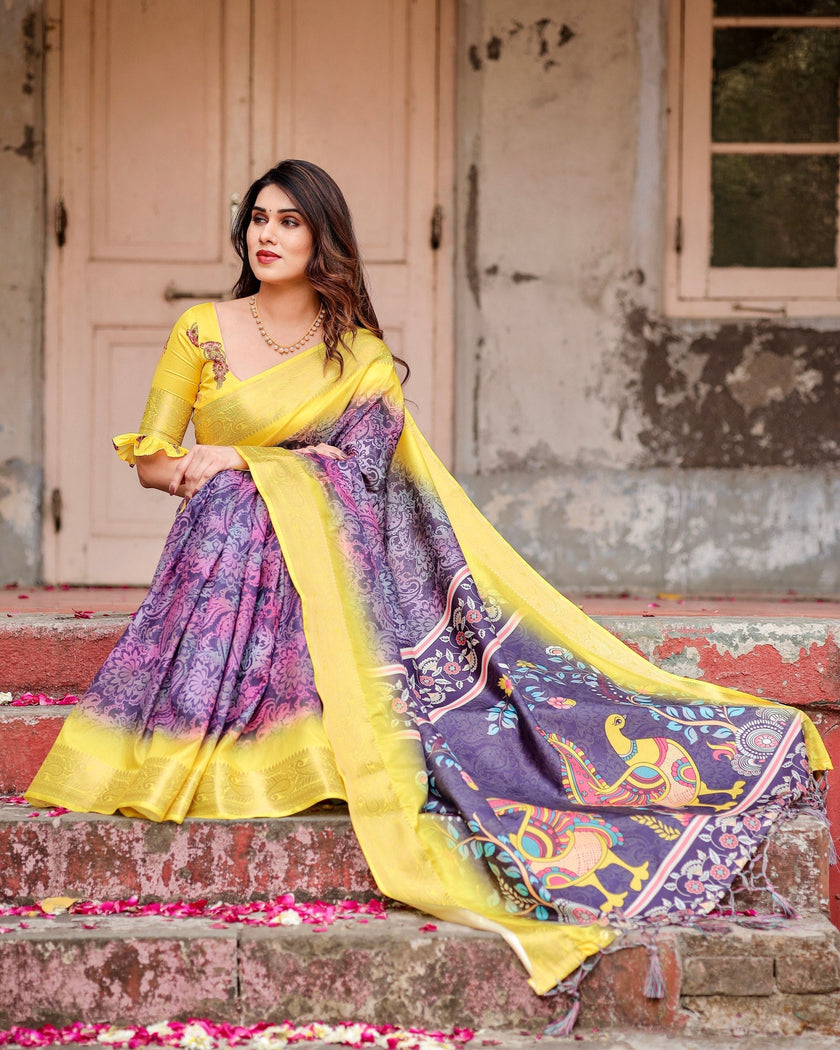 Wine & Yellow Floral Printed Cotton Silk Saree
