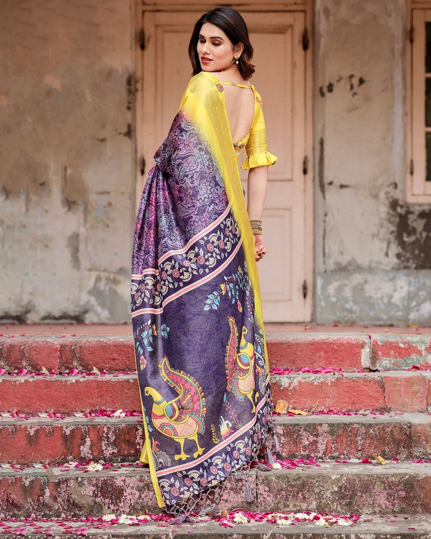 Wine & Yellow Floral Printed Cotton Silk Saree