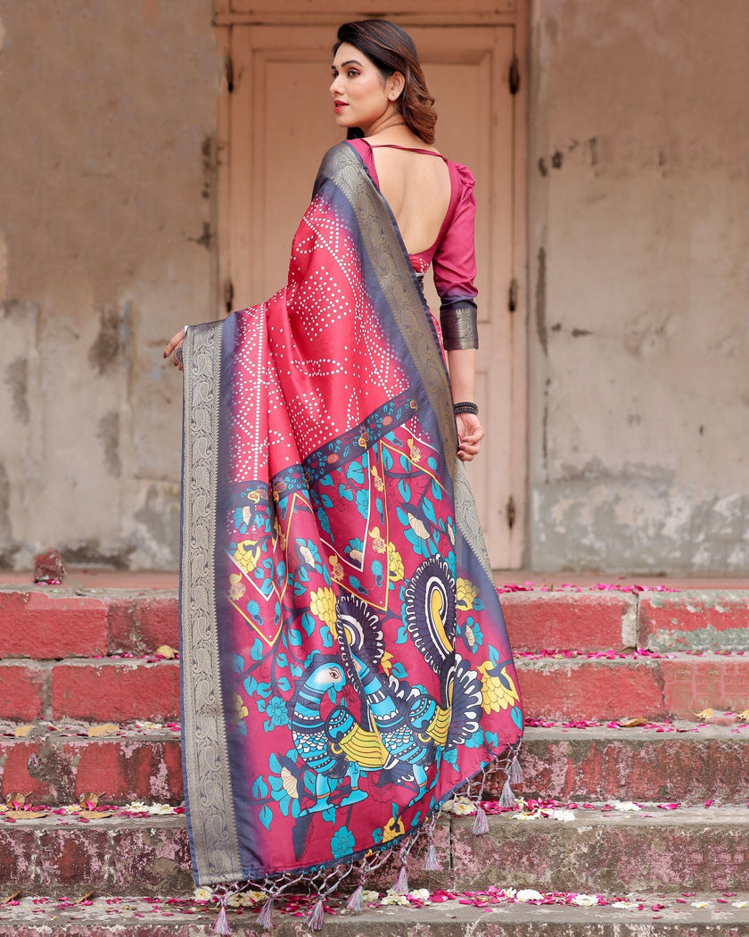 Pink & Black Floral Printed Cotton Silk Saree