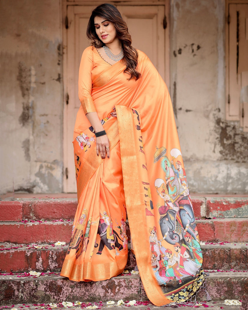 Orange Floral Printed Cotton Silk Saree