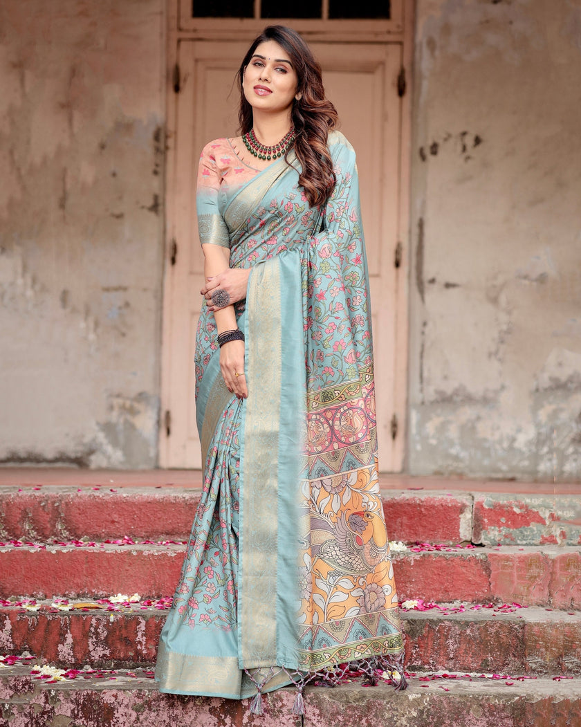 Sea Green Floral Printed Cotton Silk Saree