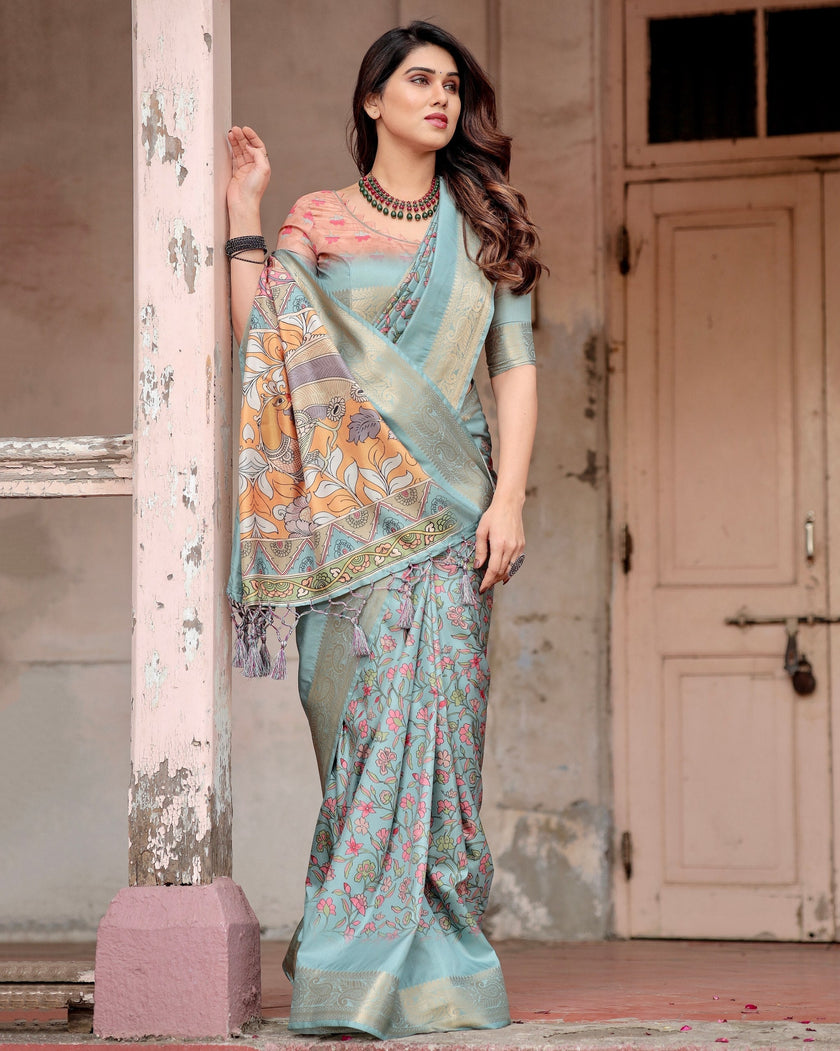 Sea Green Floral Printed Cotton Silk Saree