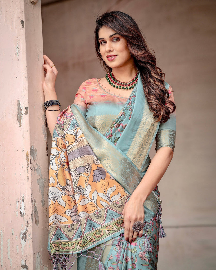 Sea Green Floral Printed Cotton Silk Saree