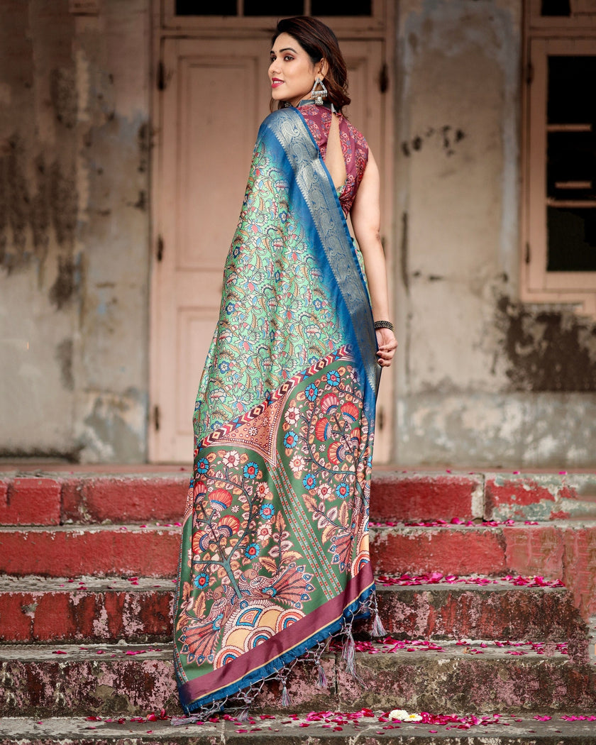 Light Green & Blue Floral Printed Cotton Silk Saree