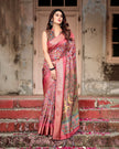 Dark Pink & Brown Floral Printed Cotton Silk Saree