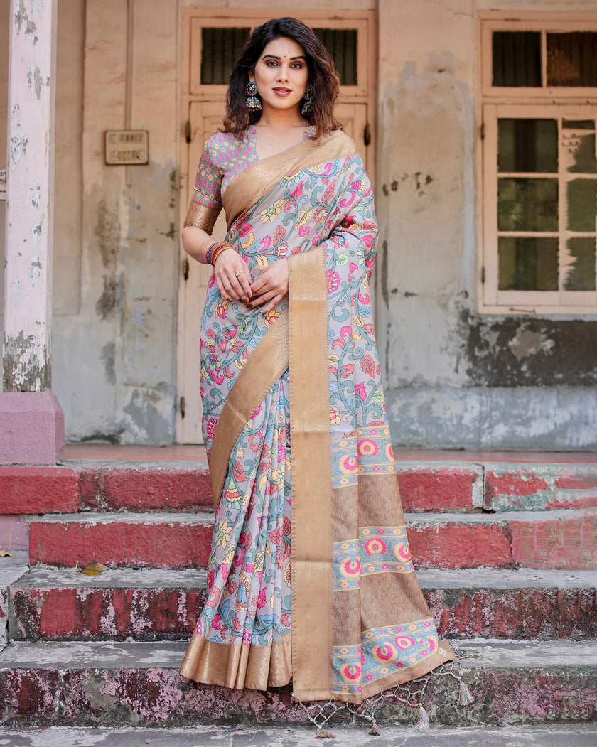 Dark Grey & Cream Floral Printed Cotton Silk Saree